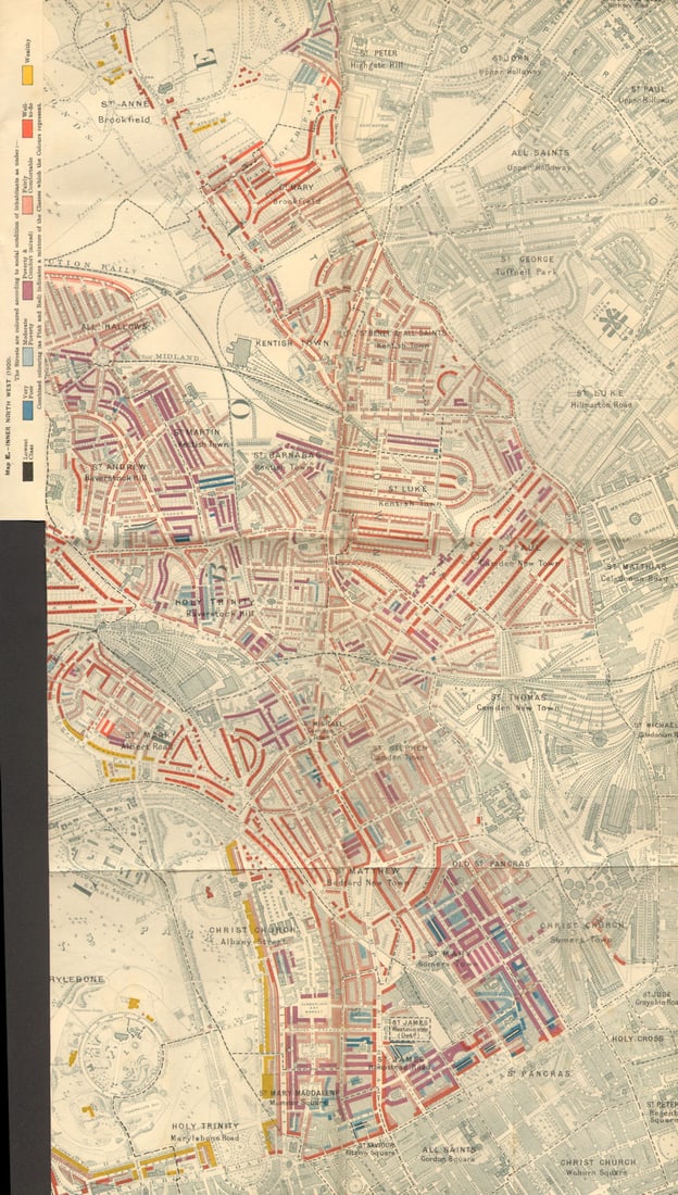 CAMDEN Charles Booth poverty map Kentish Town Primrose Hill Regent's Park 1902: Map E - Inner North West (1900)'. Charles Booth was a philanthropist and social reformer. He was critical of the existing statistical data on poverty in late-Victorian London. His research showed