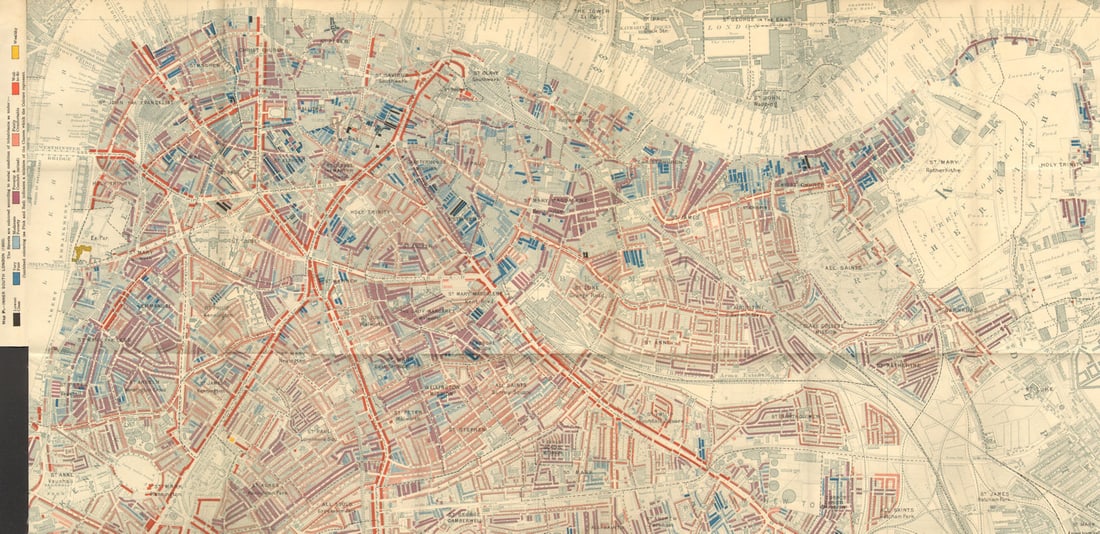 S LONDON Charles Booth poverty map Bermondsey Lambeth Rotherhithe Borough 1902: Map P - Inner South London (1900)'. Charles Booth was a philanthropist and social reformer. He was critical of the existing statistical data on poverty in late-Victorian London. His research showed