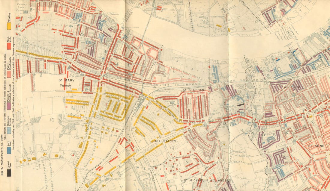 WANDSWORTH / PUTNEY Charles Booth poverty map Hurlingham park West Hill 1902: Map T - Wandsworth (1900)'. Charles Booth was a philanthropist and social reformer. He was critical of the existing statistical data on poverty in late-Victorian London. His research showed that 35%
