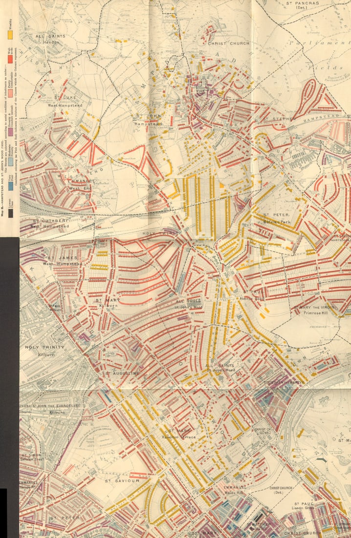 BOOTH POVERTY MAP St John's Wood Hampstead Maida Vale Belsize Park Swiss C 1902: Map G - Hampstead & St John's Wood (1900)'. Charles Booth was a philanthropist and social reformer. He was critical of the existing statistical data on poverty in late-Victorian London. His