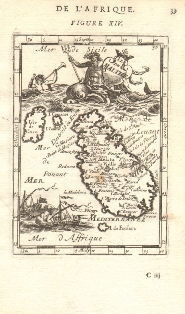 MALTA GOZO COMINO. 'Isle de Malthe'. Decorative vignette. MALLET 1683 old map: Isle de Malthe' (De L'Afrique) by Mallet, Allain Manesson. Published 1683. Original 17th century copperplate map. Size 13 x 21 cm | 5.0 x 8.5 inches. Condition: Good; suitable for framing. Spot; The