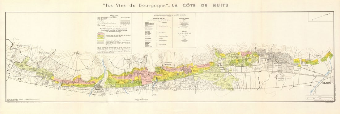 BURGUNDY BOURGOGNE WINE MAP La Côte de Nuits. Vineyards vignobles. LARMAT 1953: Les Vins de Bourgogne - La Côte de Nuits'. The map shows the appellations controllées (AOC) of the predominantly red wine growing area of the Côte de Nuits. The colours indicate the des