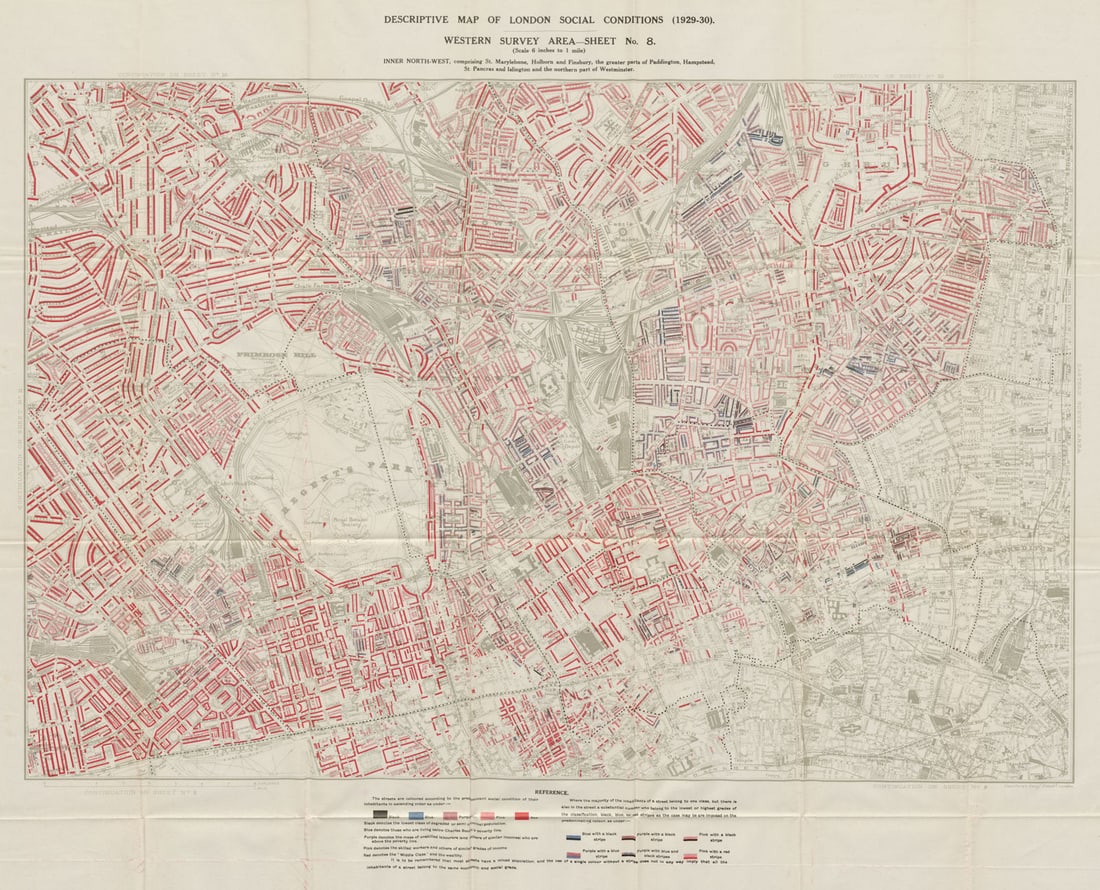 BOOTH / LSE POVERTY MAP West End Camden Marylebone S Hampstead Islington 1930: Descriptive map of London Social Conditions Western Survey Area Sheet 8. Inner North-West, comprising St. Marylebone, Holborn and Finsbury, the greater parts of Paddington, Hampstead, St. Pancras and