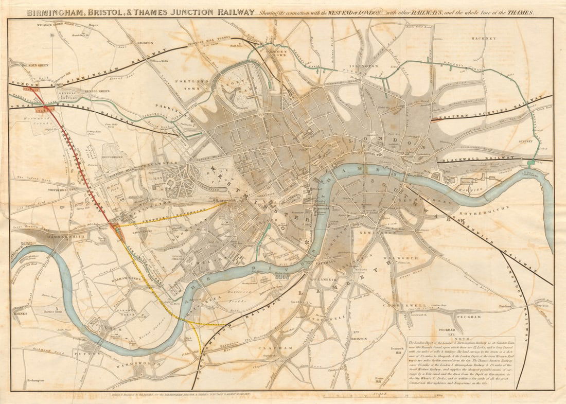 Birmingham, Bristol & Thames Junction Railway. West London. DAVIES 1839 map: Birmingham, Bristol & Thames Junction Railway, shewing its connection with the West End of London, with other railways, and the whole line of the Thames'. A scarce mid 19th century map of London