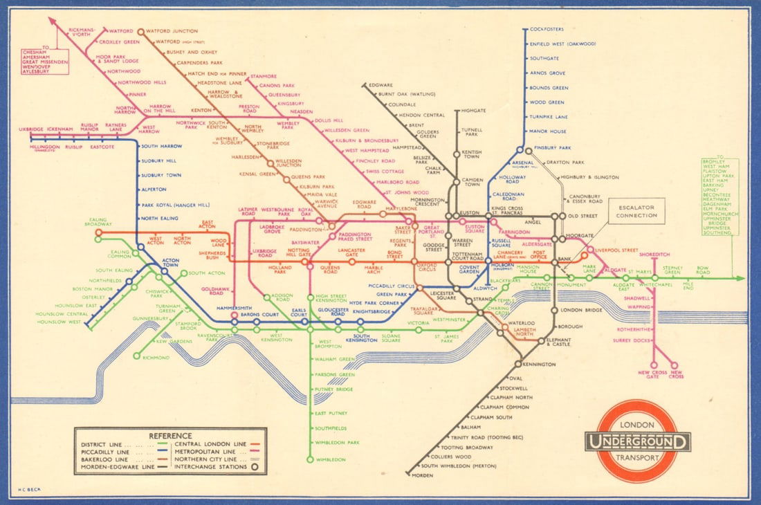 LONDON UNDERGROUND tube map plan diagram. Middle Circle. HARRY BECK #1 1937: London Underground Transport - Railway Map No 1. 1937'. This edition of the Beck diagram is unchanged from the 1936 No 2 edition. The escalator connection between Bank and Monument is shown as a