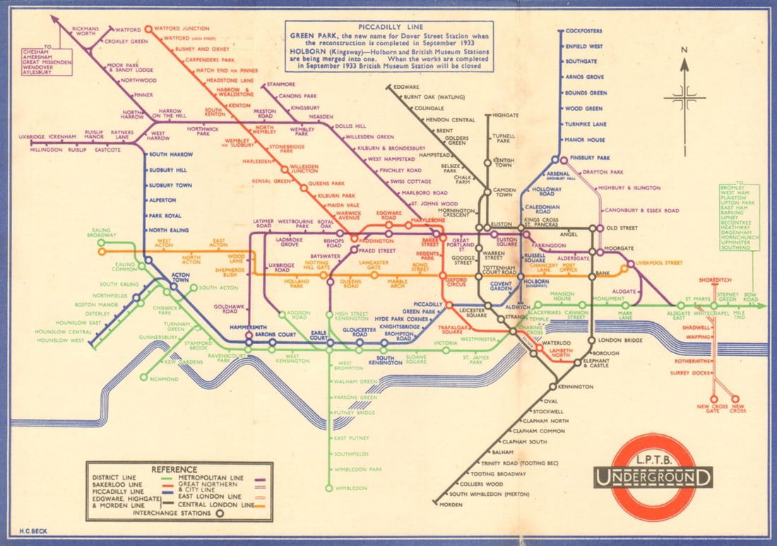 LONDON UNDERGROUND tube map plan diagram. 2nd HARRY BECK edition. August 1933: London Passenger Transport Board - Underground railways of London [no code] 1933. This, the second edition of the Underground map by H C Beck has the addition of a North compass pointer; there is a no