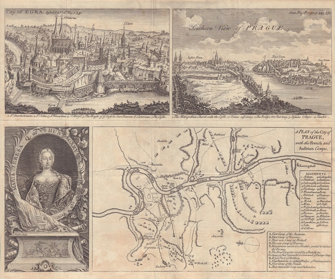 Siege of Prague 1742. City of Egra (Cheb). Maria Teresa. GENTS MAG 1742 map (1 of 1)