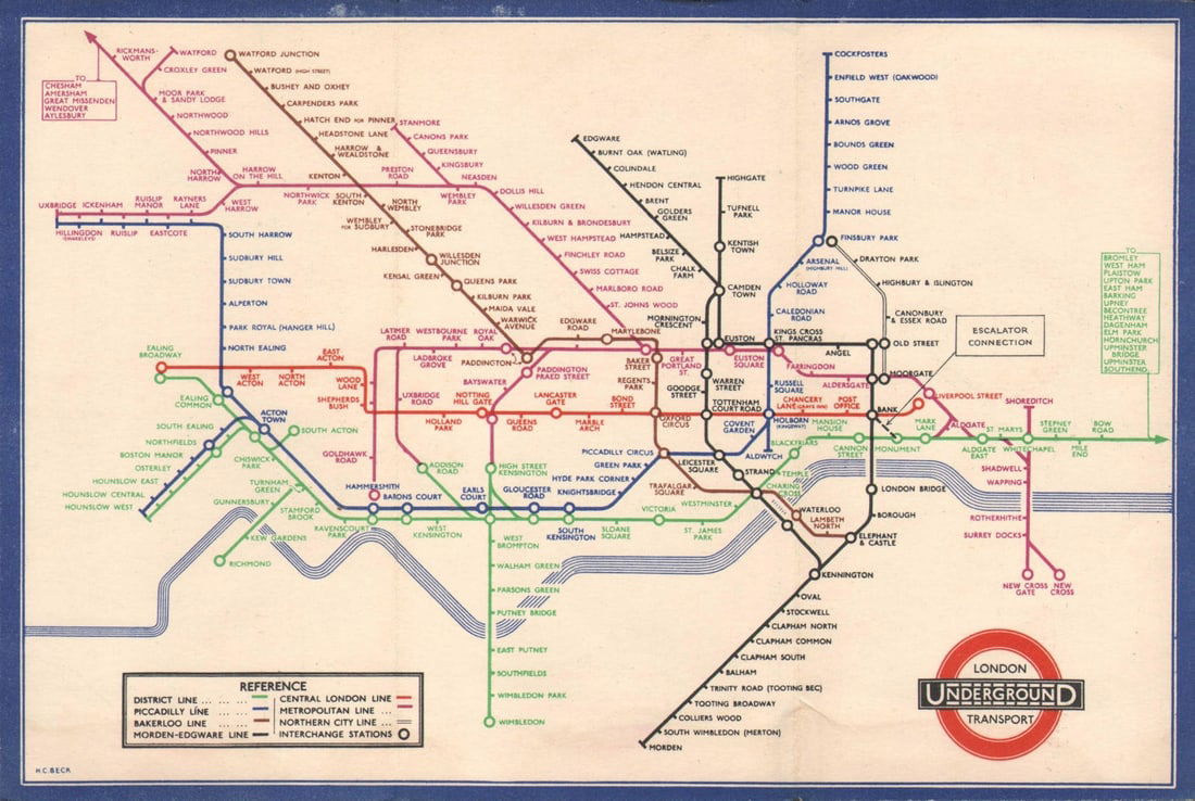 LONDON UNDERGROUND tube map diagram of lines. Middle Circle. HARRY BECK #2 1936: London Underground Transport - Railway Map No 2. 1936'. The escalator connection between Bank and Monument is shown as a black dotted line, with a small box beside it with the words 'ESCALATOR CONNECT