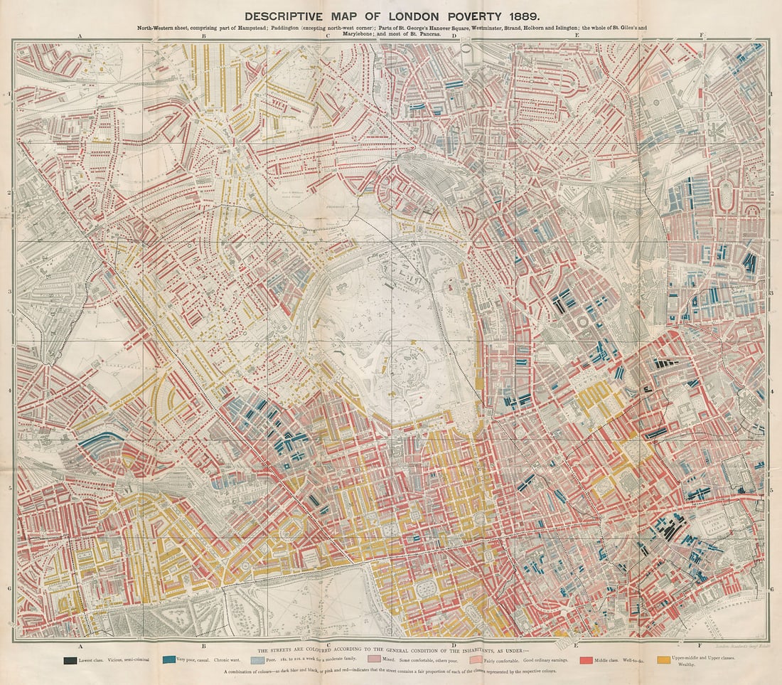 Descriptive map of London Poverty. BOOTH. NW - West End Marylebone Mayfair 1889: Descriptive map of London Poverty 1889 - North western sheet, comprising part of Hampstead; Paddington (excepting north-west corner); Parts of St. George's Hanover Square, Westminster, Strand, Holborn