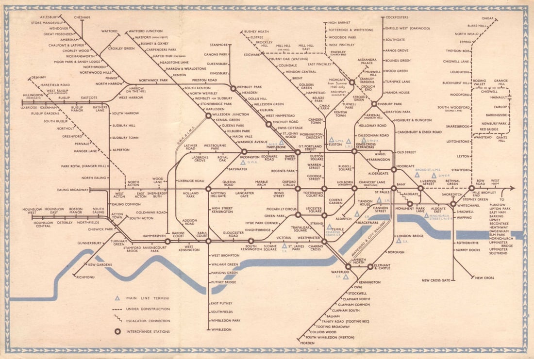 LONDON UNDERGROUND tube diagram map plan. Northern Heights SCHLEGER/ZERO #1 1940: London Transport - Underground Lines No 1. 1940'. This edition of the Underground map is by Hans Schleger (who went under the pseudoynm of "Zero"). The lines are all shown in the same brown colour
