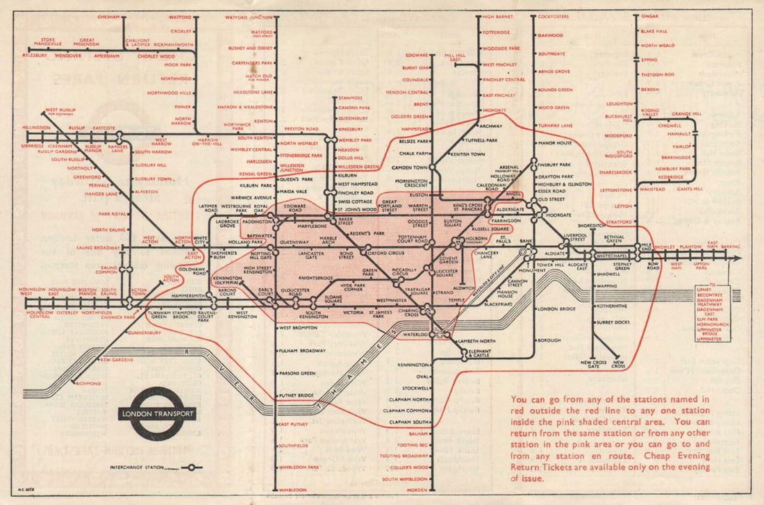 LONDON UNDERGROUND tube map diagram. Cheap Evening Return Fares. HARRY BECK 1953: London Transport - Diagram of lines - Cheap Evening Return Fares to Town' (1253/2585D/250M). The map is titled "Cheap evening return fares to town, Monday to Saturday after 5pm starting Monday 25