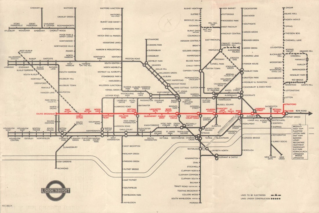 LONDON UNDERGROUND tube map plan. Central Line extension to Stratford. BECK 1946: Central Line extension to Stratford Open Dec 4' (No print code). This edition of the map was printed to publicise the opening of part of the eastward extension of the Central Line from Liverpool Stree