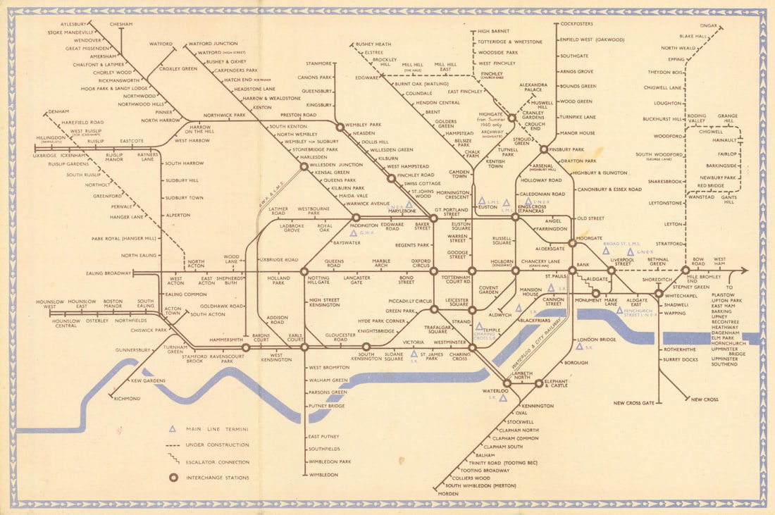 LONDON UNDERGROUND tube map plan diagram. Northern Heights SCHLEGER/ZERO #1 1940: London Transport - Underground Lines No 1. 1940'. This edition of the Underground map is by Hans Schleger (who went under the pseudoynm of "Zero"). The lines are all shown in the same brown colour wit