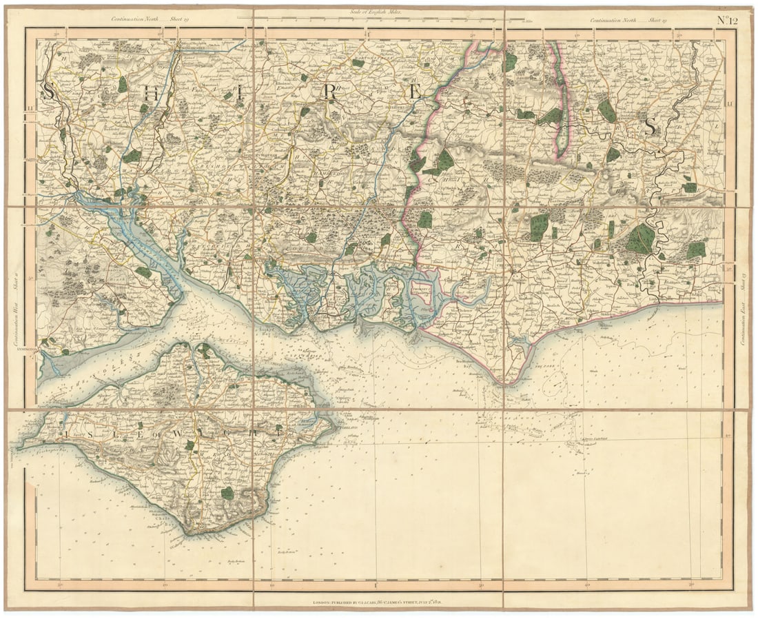 SOUTH DOWNS, SOLENT & ISLE OF WIGHT. SE Hampshire & W Sussex coast CARY 1832 map: [Sheet 12 - The South Downs, the Solent & the Isle of Wight. South East Hampshire & South West Sussex] by Cary, George & John. Published 1832. Large antique hand-coloured folding map dissected