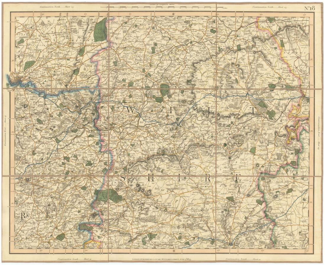 SOUTH COTSWOLDS & NORTH WESSEX DOWNS. Bristol Wiltshire E Somerset CARY 1832 map: [Sheet 18 - Parts of Wiltshire, Somerset, Gloucestershire, Berkshire, Hampshire] by Cary, George & John. Published 1832. Large antique hand-coloured folding map dissected into 9 sections and laid on l