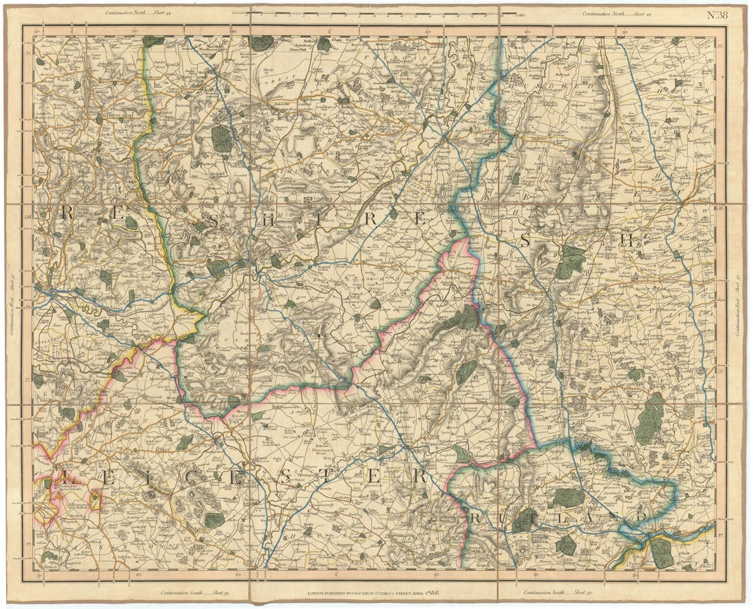 EAST MIDLANDS. Leicestershire Rutland Nottinghamshire Lincs Derbys CARY 1832 map: [Sheet 38 - North Leicestershire, North Rutland, South Nottinghamshire, South West Lincolnshire, South East Derbyshire] by Cary, George & John. Published 1832. Large antique hand-coloured folding map