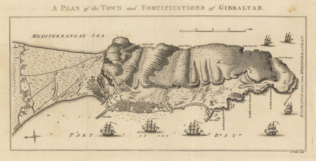 A Plan of the Town and Fortifications of Gibraltar, by John Lodge 1780 old map: A Plan of the Town and Fortifications of Gibraltar' by Lodge, John. Published January 1780. Antique copperplate map. The accompanying text articles, originally published with the map, will also be pro