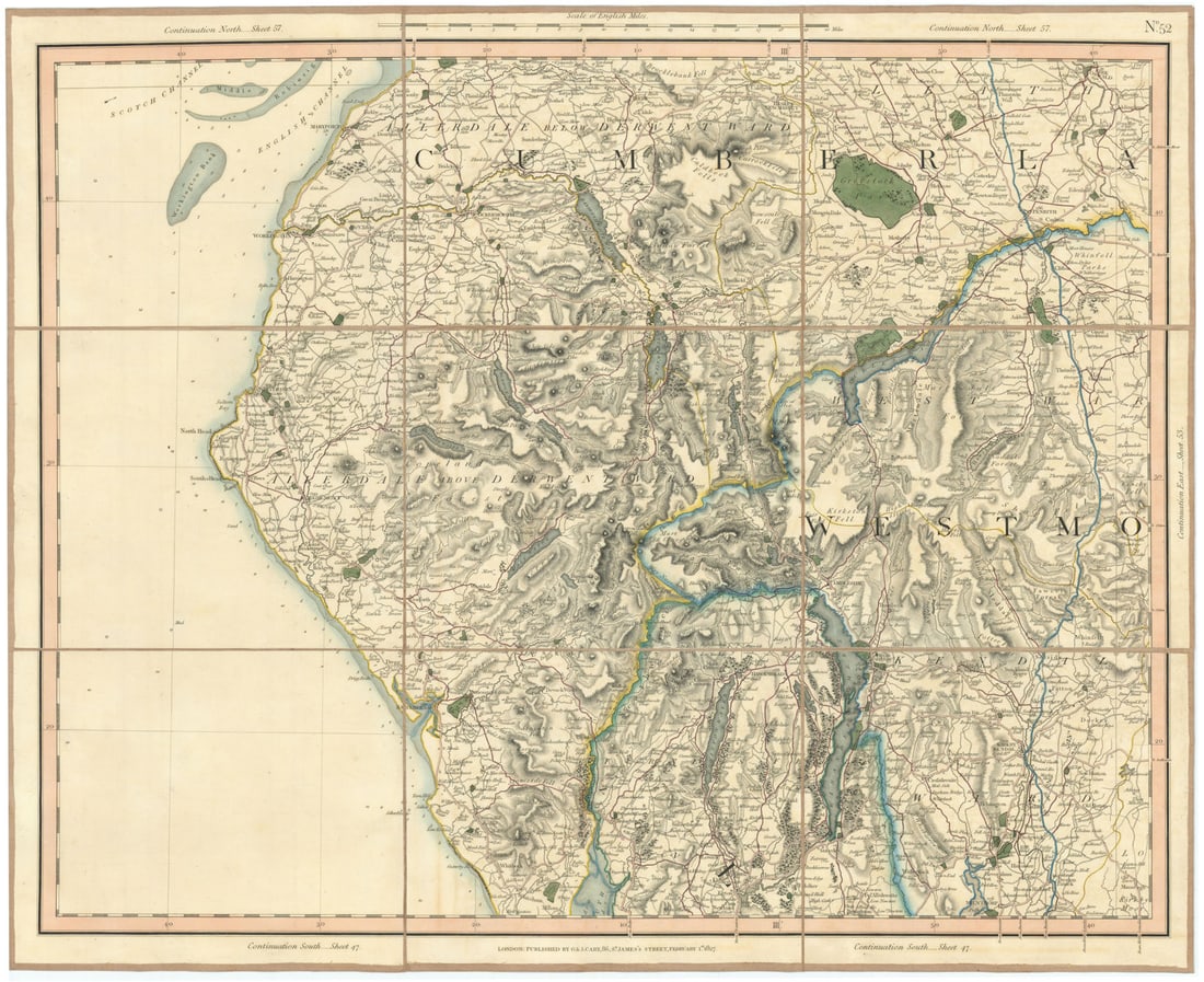 THE ENGLISH LAKE DISTRICT. Cumberland, Westmoreland & Lancashire. CARY 1832 map: [Sheet 52 - The Lake District. South Cumberland, West Westmoreland and part of Lancashire] by Cary, George & John. Published 1832. Large antique hand-coloured folding map dissected into 9 sections and