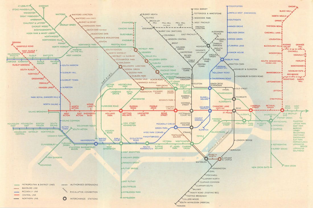 LONDON UNDERGROUND tube map plan diagram. Northern Heights SCHLEGER/ZERO #1 1939: London Transport - Underground Lines No 1. 1939 [1/1/1939.2036.G] (1/1/1939.2036.G.). This map is unchanged from 1938 Number 2. A map of the Underground network by Hans Schleger (who went under the ps