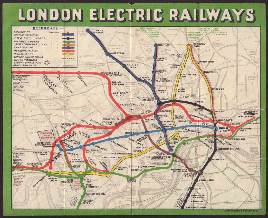 London Electric Railways. Underground tube network map 1909 old antique: London Electric Railways'. This geographic paper edition of the Underground map shows the Railway lines belonging to the Underground Group as well as the Central London Railway and Metropolitan Railwa