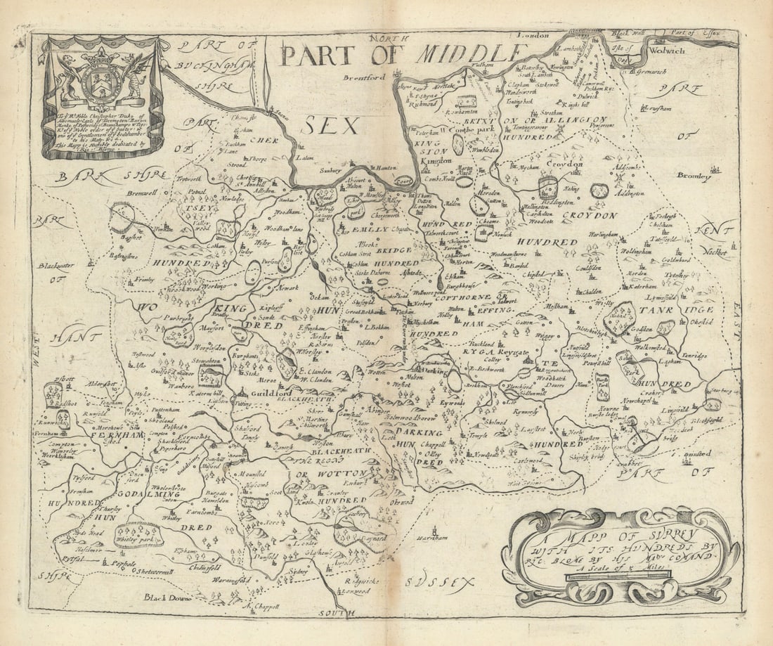 A Mapp of Surrey with its Hundreds by Richard Blome 1673 old antique chart (1 of 1)