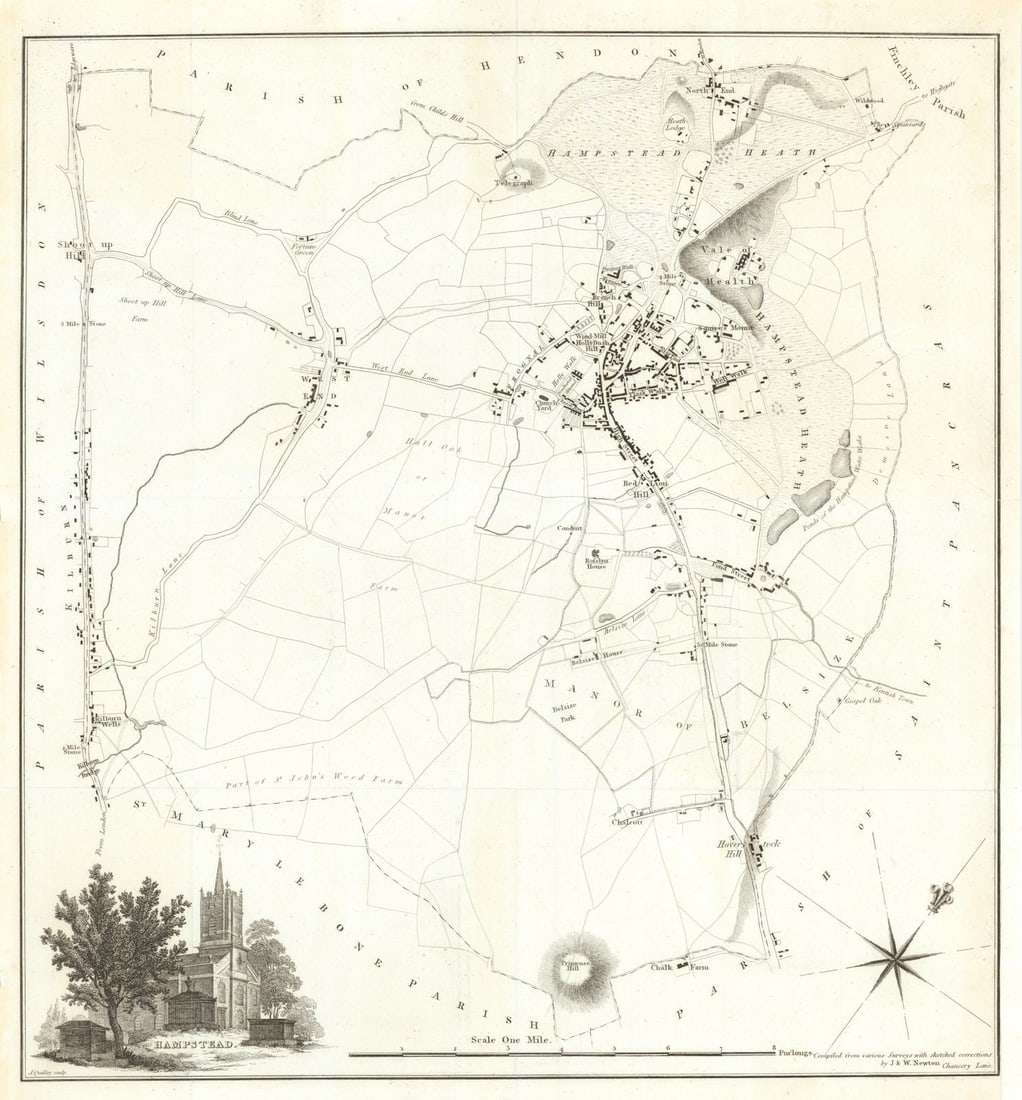 HAMPSTEAD PARISH. Belsize Park, Primrose Hill & Kilburn. NEWTON 1814 old map: Hampstead'. This scarce 1814 map covers the area now occupied by Hampstead, West Hampstead, Belsize Park, Primrose Hill, St John's Wood & Kilburn (principally in the modern London postal codes NW3