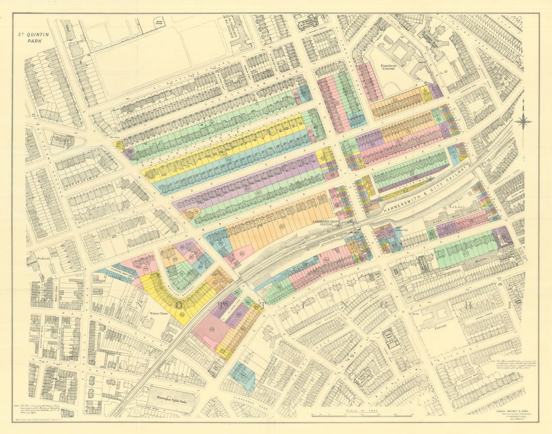 St Quintin Estate. Oxford Gardens. North Kensington. Ladbroke Grove c1925 map: [Oxford Gardens Conservation Area - North Kensington - St Quintin Estate - Ladbroke Grove]. Daniel Watney & Sons, Chartered Surveyors & Auctioneers, 4A Frederick's Place, Old Jewry, EC2. Published c19