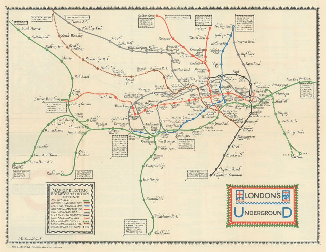 London's Underground. What to See/How to Travel. Macdonald Gill. March 1922 map: London's Underground - What to See and How to Travel - Map of the Electric Railways of London [Print code 1/3/22]. This is a paper edition of the geographic style Underground map. It shows all the Und