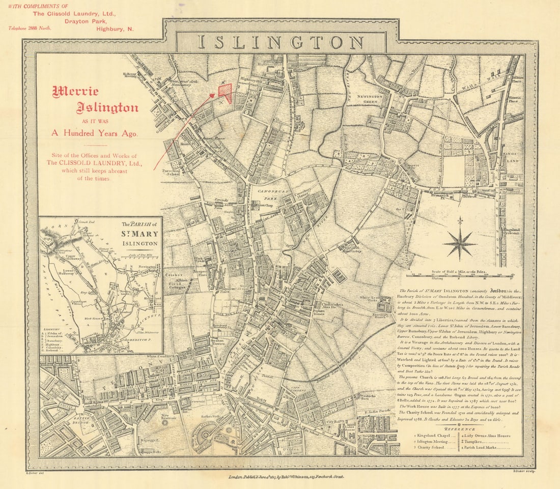 Merrie Islington as it was A Hundred Years Ago. BENJAMIN BAKER 1817 (1917) map: Merrie Islington as it was A Hundred Years Ago [based on "To the Inhabitants of Islington and its Environs this plan is respectfully dedicated by their most Obedient Servants Edward & Benjamin Bak