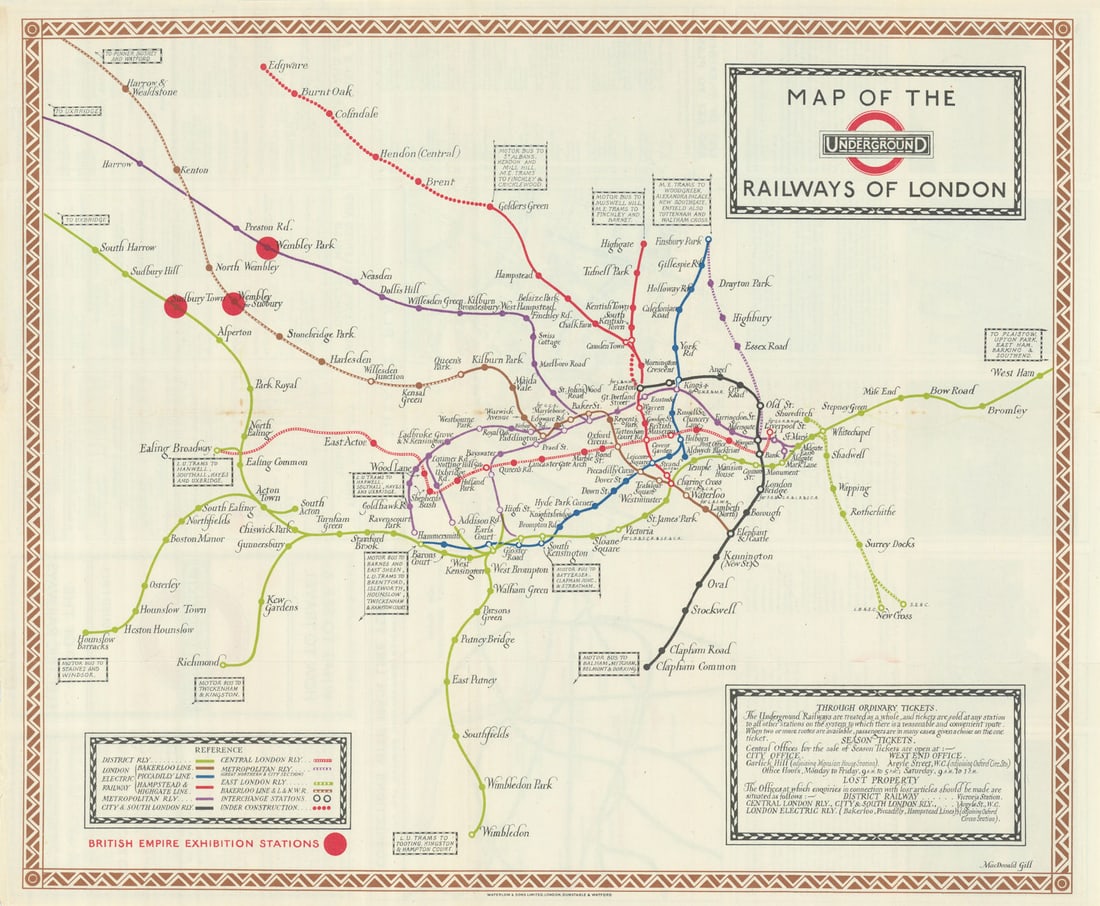 Map of the Underground Railways of London by Macdonald Gill. January 1923: Map of the Underground Railways of London. What to See and How to Travel - Map of the Electric Railways of London [Print code 1/1/23]. This is a paper edition of the geographic style Underground map.