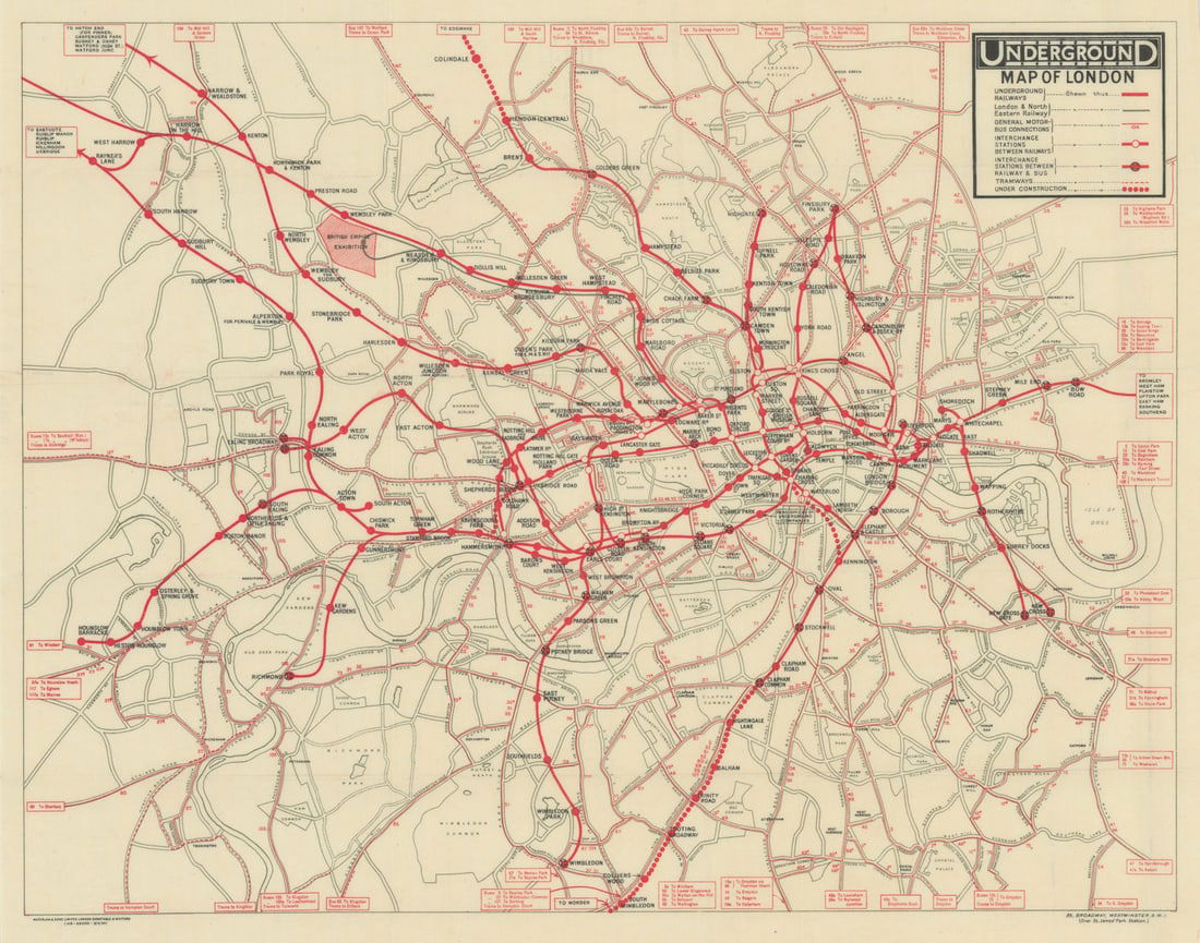 Underground Map of London. Tube network. Print code 419-25000-3/4/24. April 1924: Underground Map of London [Print code 419-25000-3/4/24]. This is a paper edition of the geographic style Underground map. It shows all the Underground Group railways plus the Metropolitan Railway. All