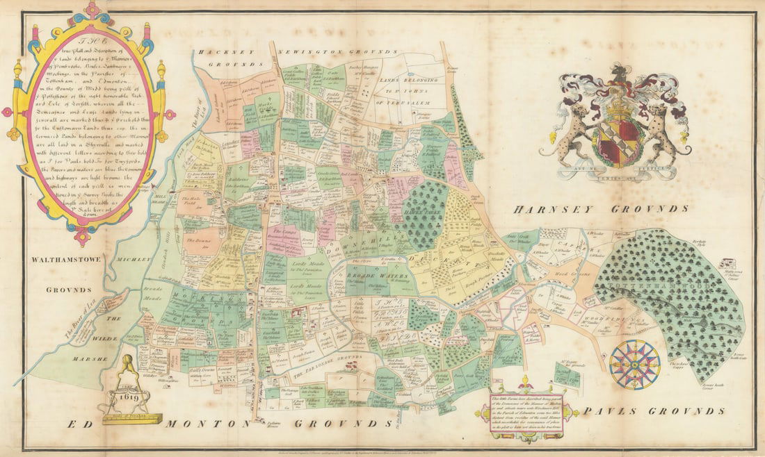The Dorset Survey of the Parish of Tottenham in 1619 after Thomas Clay 1823 map: [The Dorset Survey of the Parish of Tottenham] The true platt and inscription of ye lands belonging to ye Mannors of Pembrooke, Bruces, Daubeneys & Mockings, in the Parishes of Tottenham and Edmon