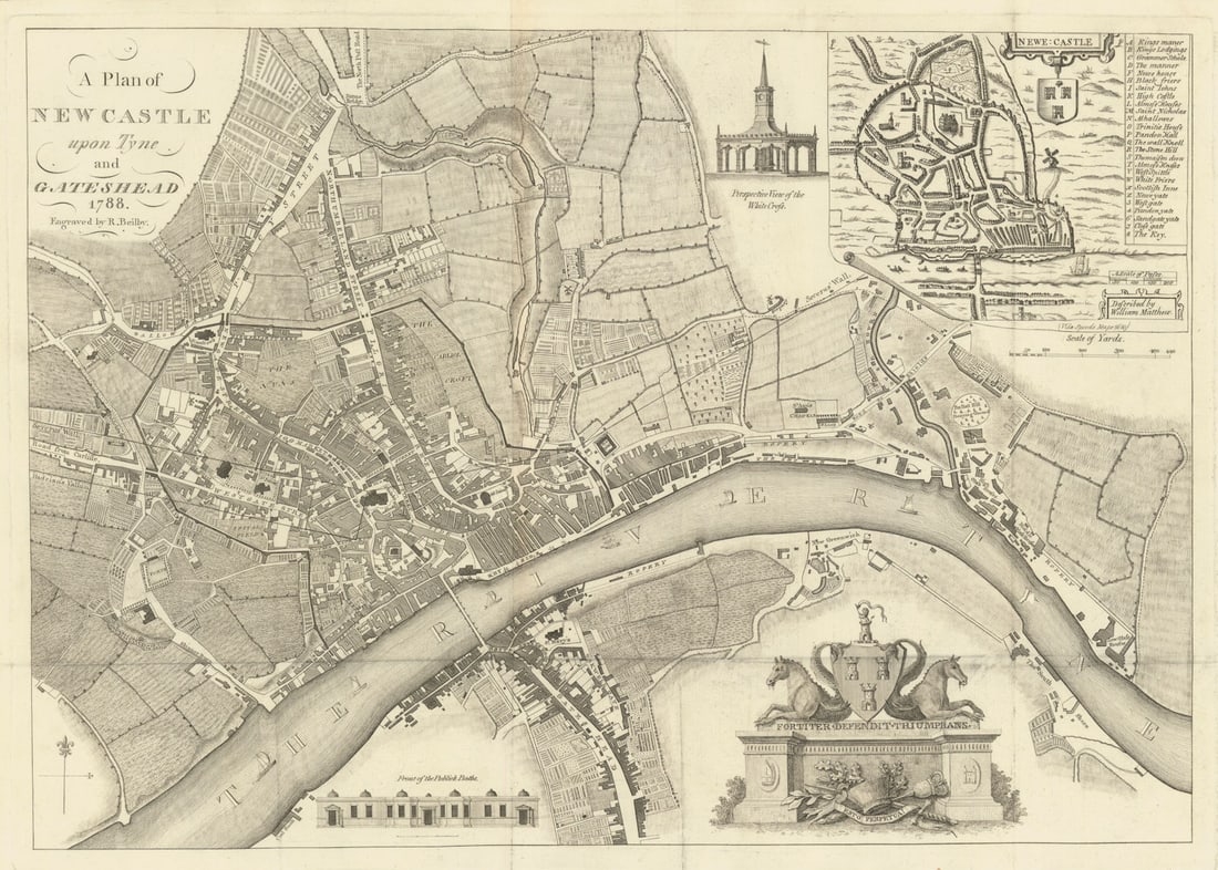 Plan of Newcastle upon Tyne and Gateshead 1788. Engraved by R. Beilby 1789 map: Plan of Newcastle upon Tyne and Gateshead 1788. Engraved by R. Beilby' by Beilby, Ralph. Published 1789. Antique copperplate engraved map. Size 34 x 47 cm | 13.0 x 18.5 inches. Condition: Good; suitab