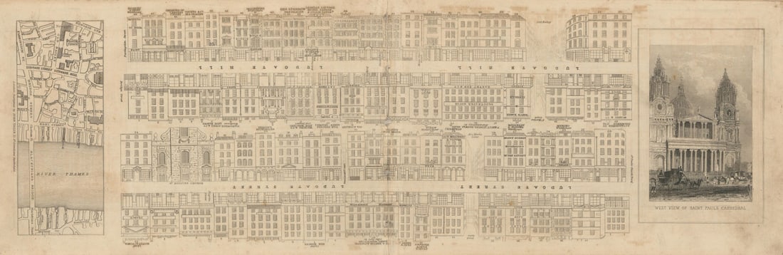 Tallis London Street View #6 Ludgate Hill & Ludgate Street 1838 old map: [Part 6] Ludgate Hill and Ludgate Street [Cross streets: Farringdon Street, Old Bailey, Ave Maria Lane (Warwick Lane), Creed Lane, St. Martin's Court, Bell Sauvage Yard, Horseshoe Court, Stationer's C