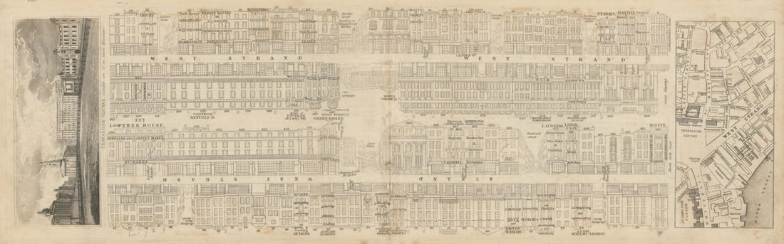 Tallis London Street View #13 Strand (#1 West) 1838 old antique map plan chart: [Part 13] West Strand and Strand (Section 1, West) [Cross streets: Villiers Street, Market Street leading to Hungerford Market (now Charing Cross Station), Craven Street, Northumberland Street, Charin