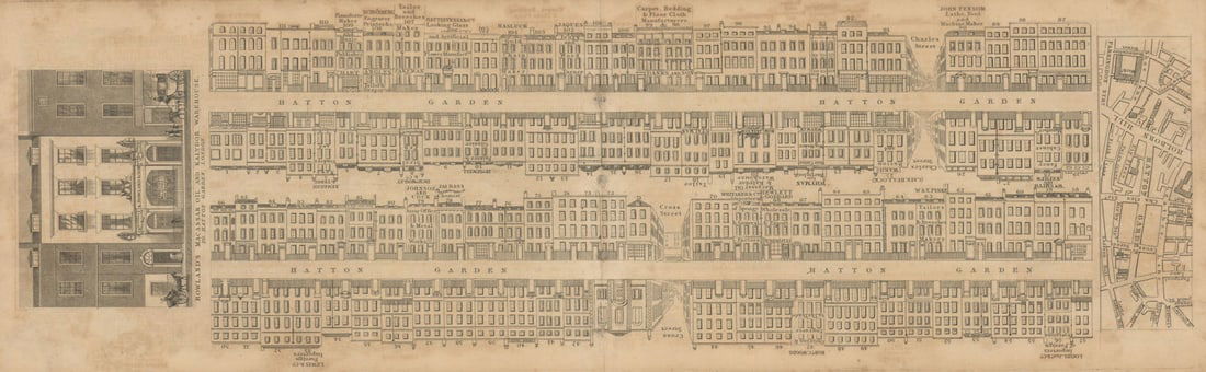 Tallis London Street View #33 Hatton Garden 1838 old antique map plan chart: [Part 33] Hatton Garden [Cross streets: Charles Street (Greville Street), Cross Street (St. Cross Street)] // Local area map // Vignette view: A. Rowland & Son. Rowland's Macassar Oil & Kalydo