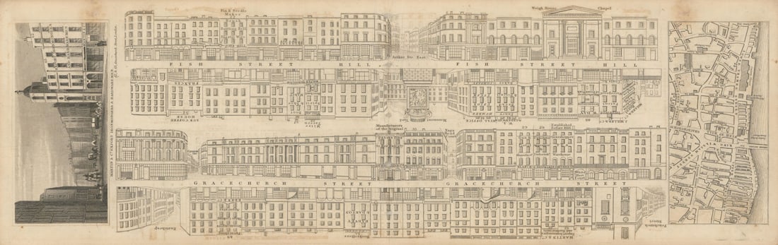 Tallis London Street View #24 Fish Street Hill & Gracechurch Street 1838 map: [Part 24] Fish Street Hill and Gracechurch Street (South) [Cross streets: Gracechurch Street, Arthur Street East (Monument Street), Cannon Street, Nags Head Court (Lombard Court), Fenchurch Street, Ea
