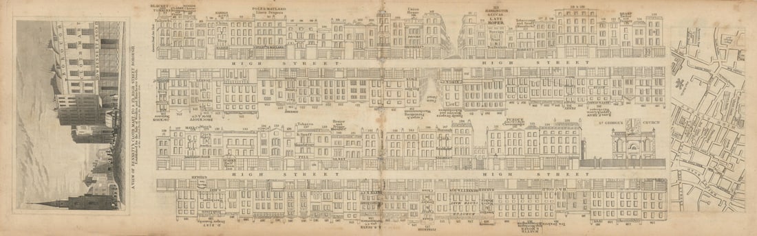 Tallis London Street View #39 Borough High Street (Centre) 1839 old map: [Part 39] Borough High Street (Centre) [Cross streets: Queen's Head Inn Yard (Talbot Yard), Union Street, [Newcomen Street, Chapel Court (Mermaid Court)] // Local area map // Vignette view: View of Be