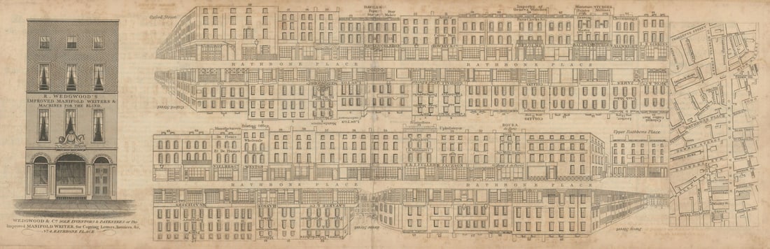 Tallis London Street View #64 Rathbone Place 1839 old antique map plan chart: [Part 64] Rathbone Place [Cross streets: Oxford Street, Upper Rathbone Place (Rathbone Street), Percy Street, Grese Street (Gresse Street)] // Local area map // Vignette view: Wedgwood & Co.,