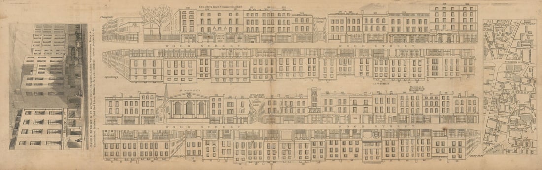 Tallis London Street View #68 Wood Street 1839 old antique map plan chart: [Part 68] Wood Street [Cross streets: Cheapside, Goldsmith Street, Maiden Lane, Huggin Lane (Gresham Street), Love Lane, Lad Lane (Gresham Street)] // Local area map // Vignette view: James Bishop &am