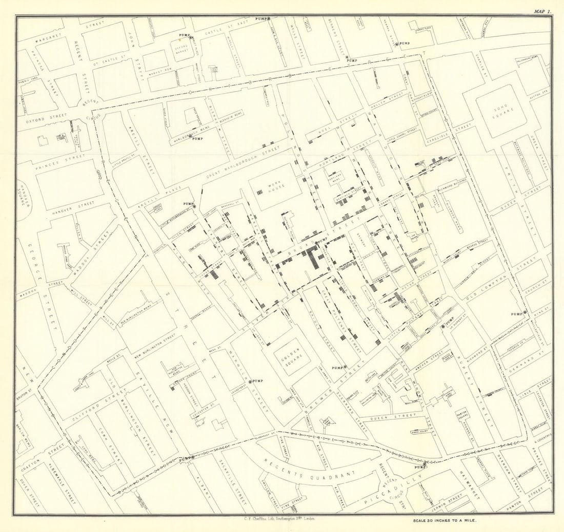 Broad Street Cholera Outbreak, Soho, London by Dr John Snow 1855 (1936) map: [Dr John Snow's map of Soho, London, showing the clusters of Cholera cases in the London epidemic of 1854]. Dr. John Snow's famous map of the Soho Cholera Outbreak of 1854, originally printed in