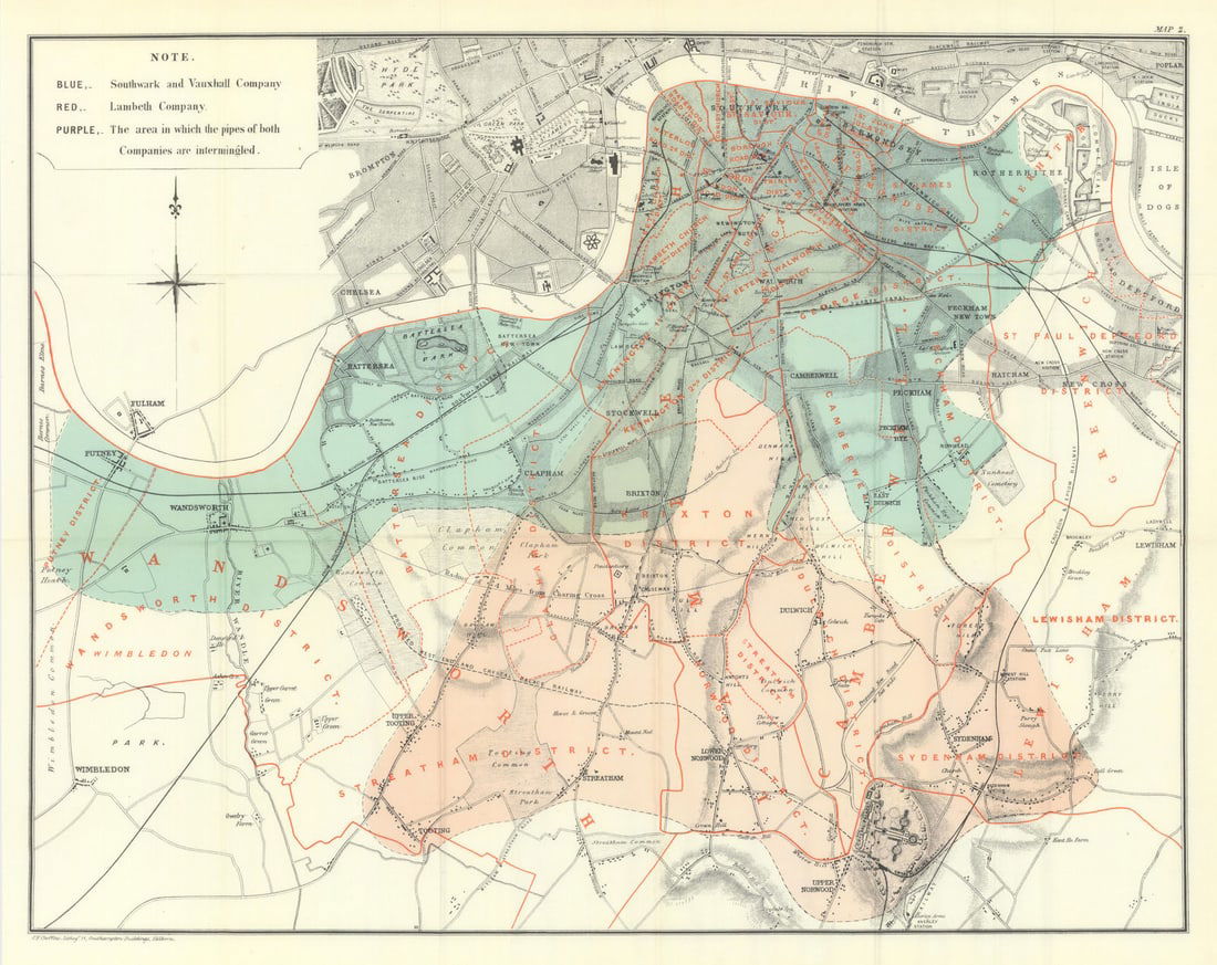 Cholera map. Southwark/Vauxhall & Lambeth Water Cos. by Dr John Snow 1855 (1936): [Dr John Snow's map of South London showing the areas served by the Southwark and Vauxhall Water Company, and by the Lambeth Water Company, to illustrate the cause of the differing incidence of Choler