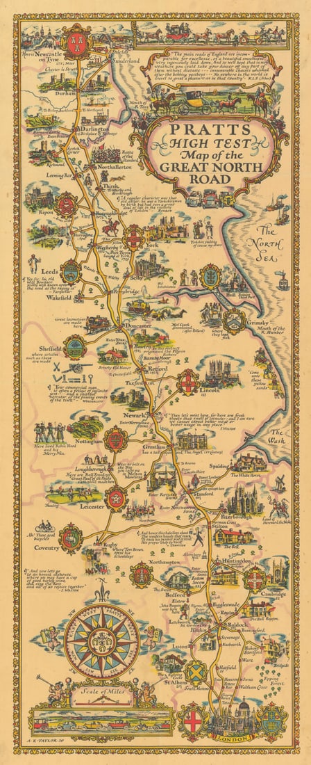 Pratts High Test Map of the Great North Road. London-Newcastle. AE TAYLOR 1930: Pratts High Test Map of the Great North Road'. One of a series of attractive pictorial road maps published by Pratt's Petroleum Company (who were owned by Standard Oil). "High Test" was Pratt's higher