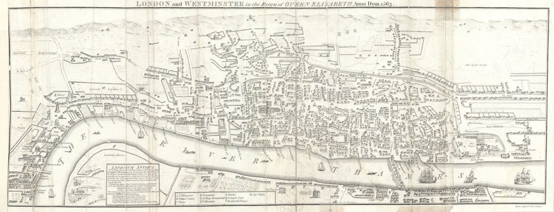 London and Westminster in the Reign of Queen Elizabeth, AD 1563. NEELE 1793 map: London and Westminster in the Reign of Queen Elizabeth, Anno Dom. 1563'. Neele sculpt. No 352 Strand. Published 1793. Antique copperplate map. Size 21 x 54 cm | 8.0 x 21.5 inches. Condition: Fair: Cre
