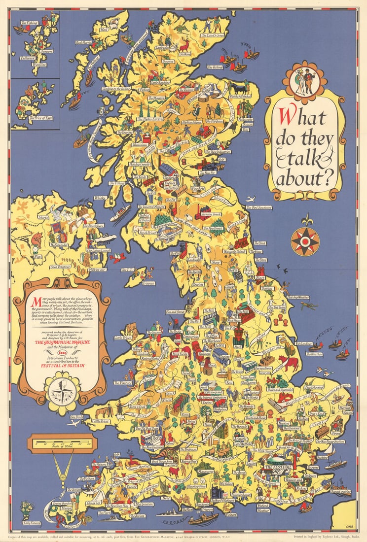 What do they talk about? UK Festival of Britain Pictorial map by C.W. Bacon 1951: What do they talk about?'. This wonderful whimsical pictorial map, published for the Festival of Britain, illustrates the common topics of conversation. As the map notes "most people talk about the pl