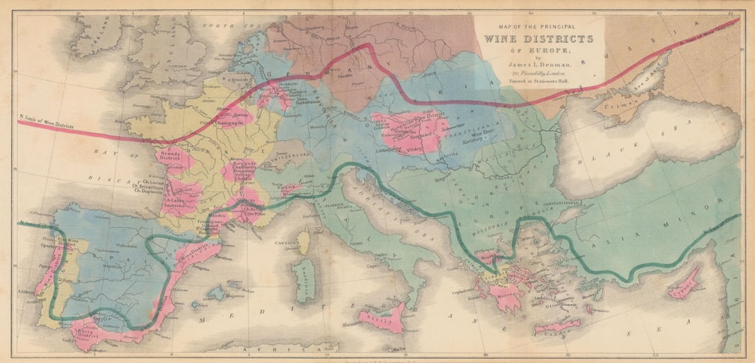 Map of the Principal Wine Districts of Europe by James Denman 1875 old: Map of the Principal Wine Districts of Europe'. This fascinating map highlights in pink the most significant internationally recognised wine-producing regions of Europe in the late 19th century. Many