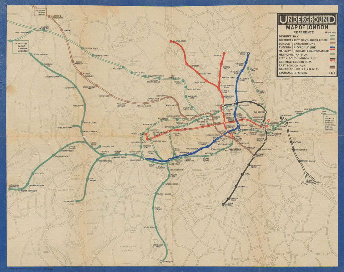 Underground Map of London. Map of the Electric Railways. What to See… June 1919: Underground Map of London. Map of the Electric Railways of London - What to See and How to See it [Print code 209-500M-18-6-19]. This map features the first public use of Edward Johnston's iconic