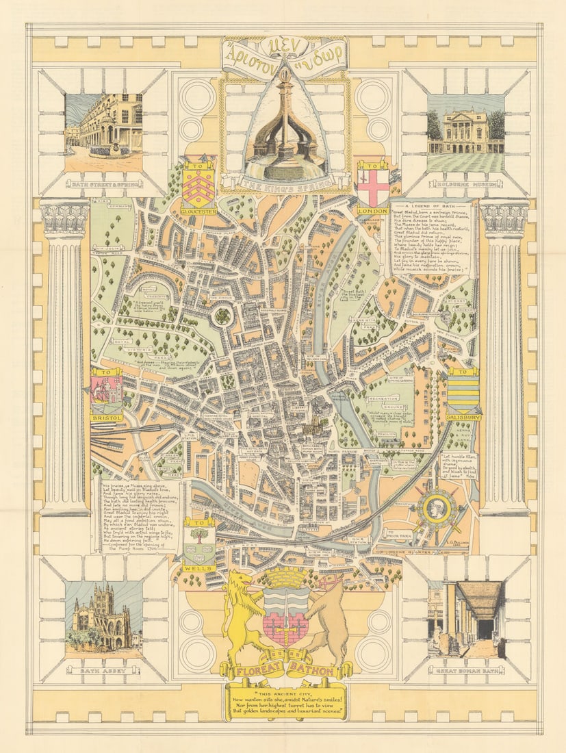 Floreat Bathon - This Ancient City… Bath pictorial map by Leslie Bullock 1941: Floreat Bathon - This Ancient City, How wanton sits she, amidst Nature’s smiles! Nor from her highest turret has to view But golden landscapes and luxuriant scenes.'. This detailed and