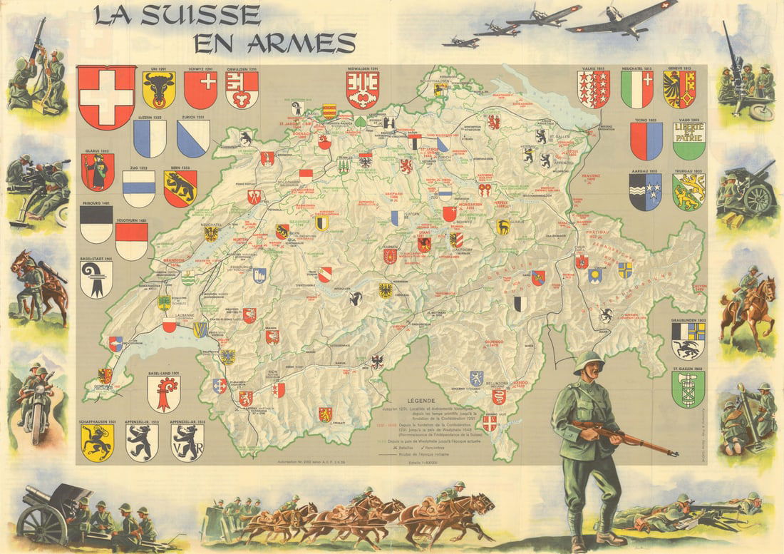 La Suisse en Armes. Swiss World War 2 armed forces & military history map 1940: La Suisse en Armes'. This 1940 pictorial and informational map, titled "La Suisse en Armes" ("Switzerland in Arms"), illustrates Switzerland's military readiness and history during a period of