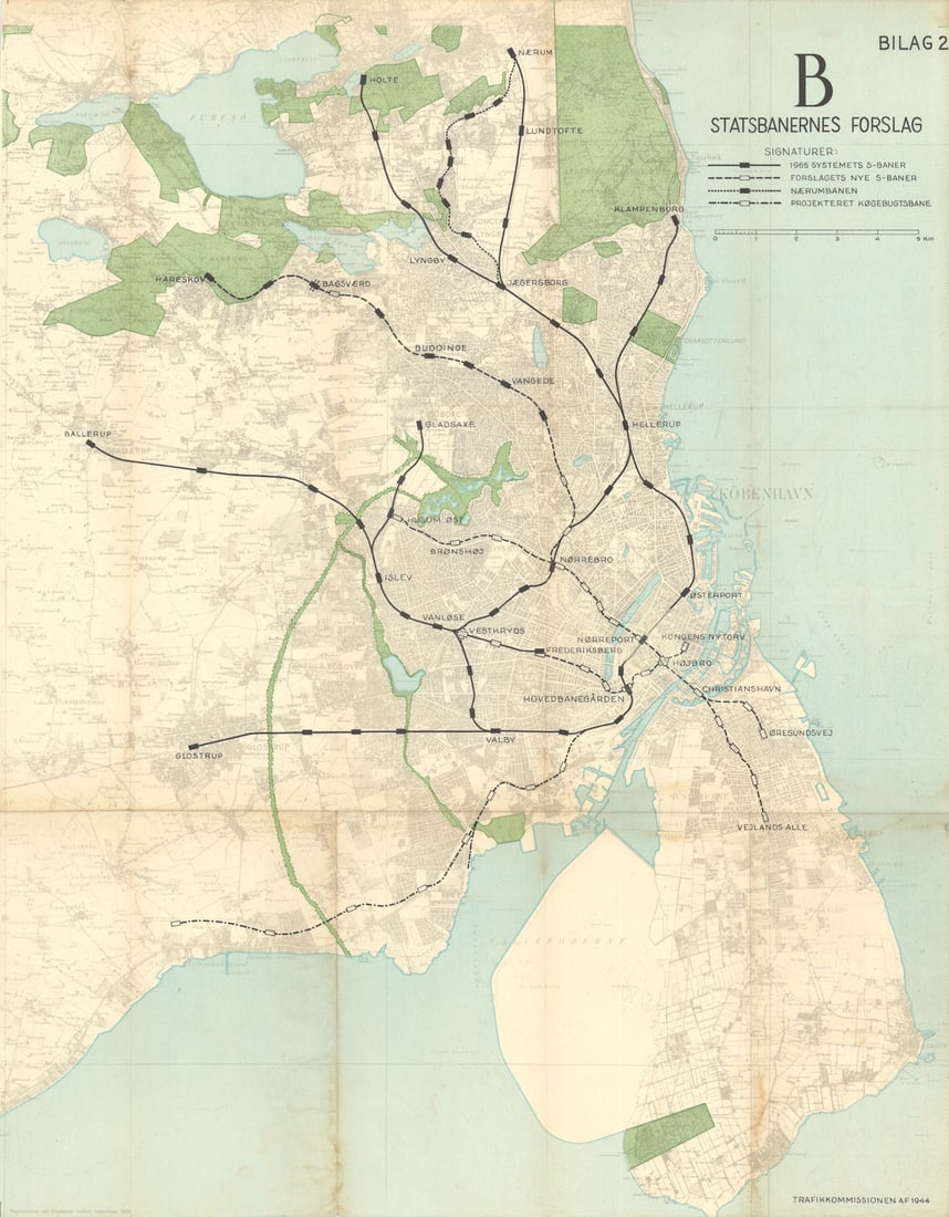 Kobenhavn/Copenhagen Statsbanernes Forslag S-tog actual/planned lines c1953 map: [Kobenhavn / Copenhagen] Bilag 2 [Appendix 2] Statsbanernes Forslag [State Railways Proposal]. A scarce vintage public transportation planning map showing proposals for the Copenhagen S-Tog rail